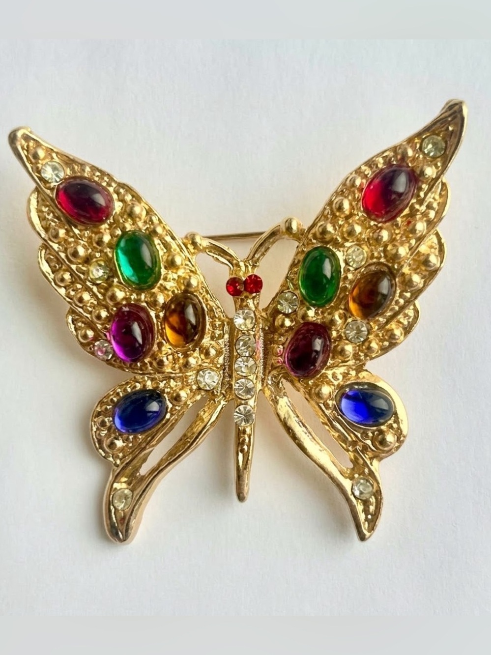 Gold-Tone Multicolor Gem Butterfly Brooch